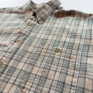 Croft & Barrow Mens Large Linen Cotton Plaid Short Sleeve Button Down Shirt Tan